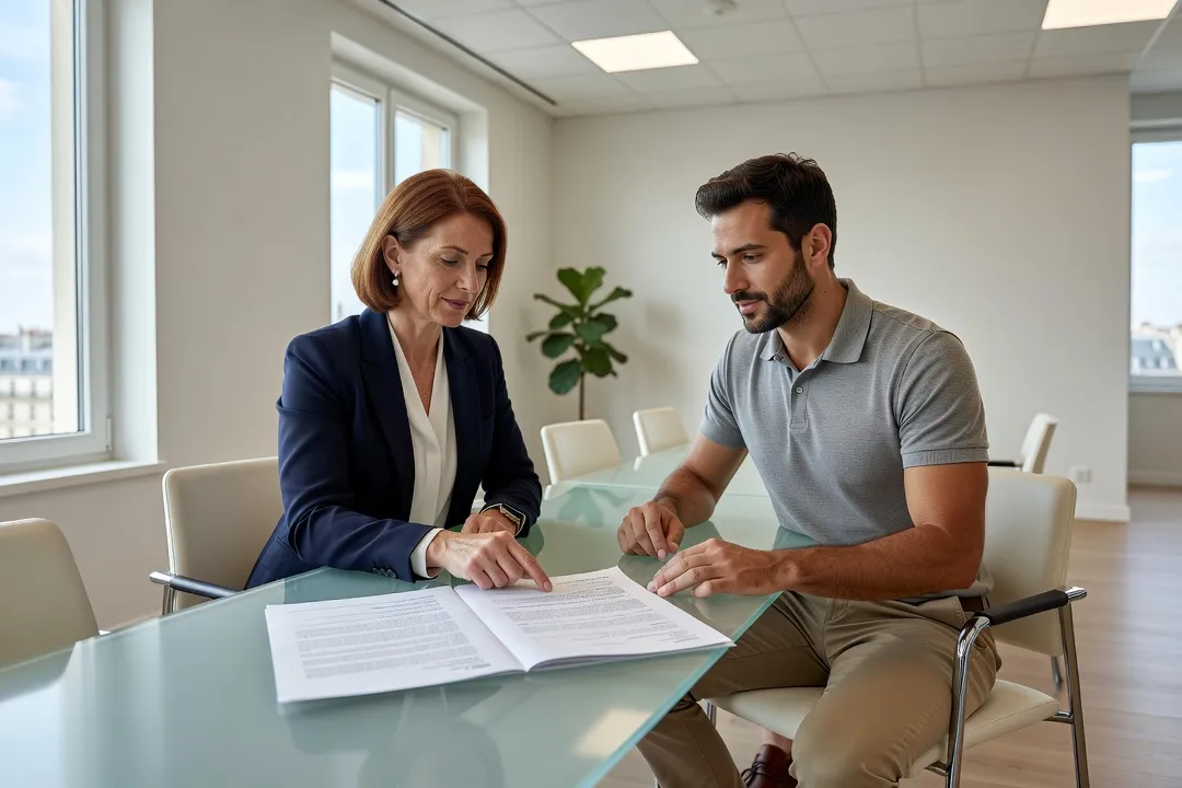 Responsable formation et formateur indépendant examinant ensemble une clause d'assurance dans un contrat de prestation
