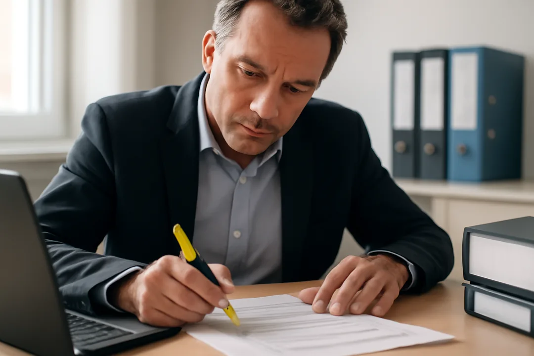 Dirigeant d'organisme de formation préparant un dossier de candidature à un appel d'offres et vérifiant son attestation d'assurance