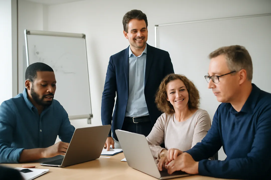 Session de formation animée par un organisme de formation dans une salle dédiée, formateur et stagiaires autour d'ordinateurs portables