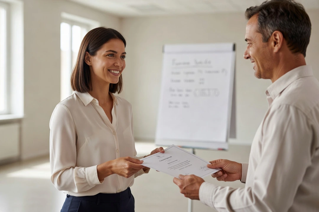 Formatrice remettant une attestation de fin de formation imprimée à un stagiaire en fin de session