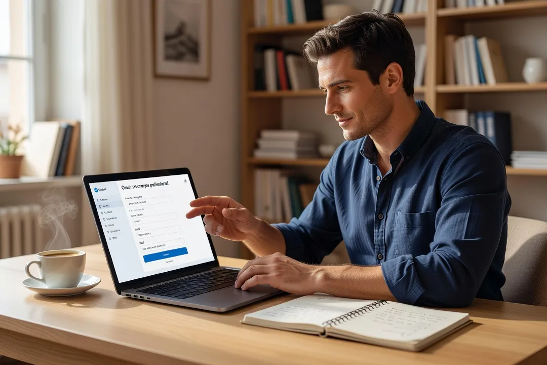 Formateur indépendant ouvrant un compte bancaire professionnel en ligne depuis son bureau
