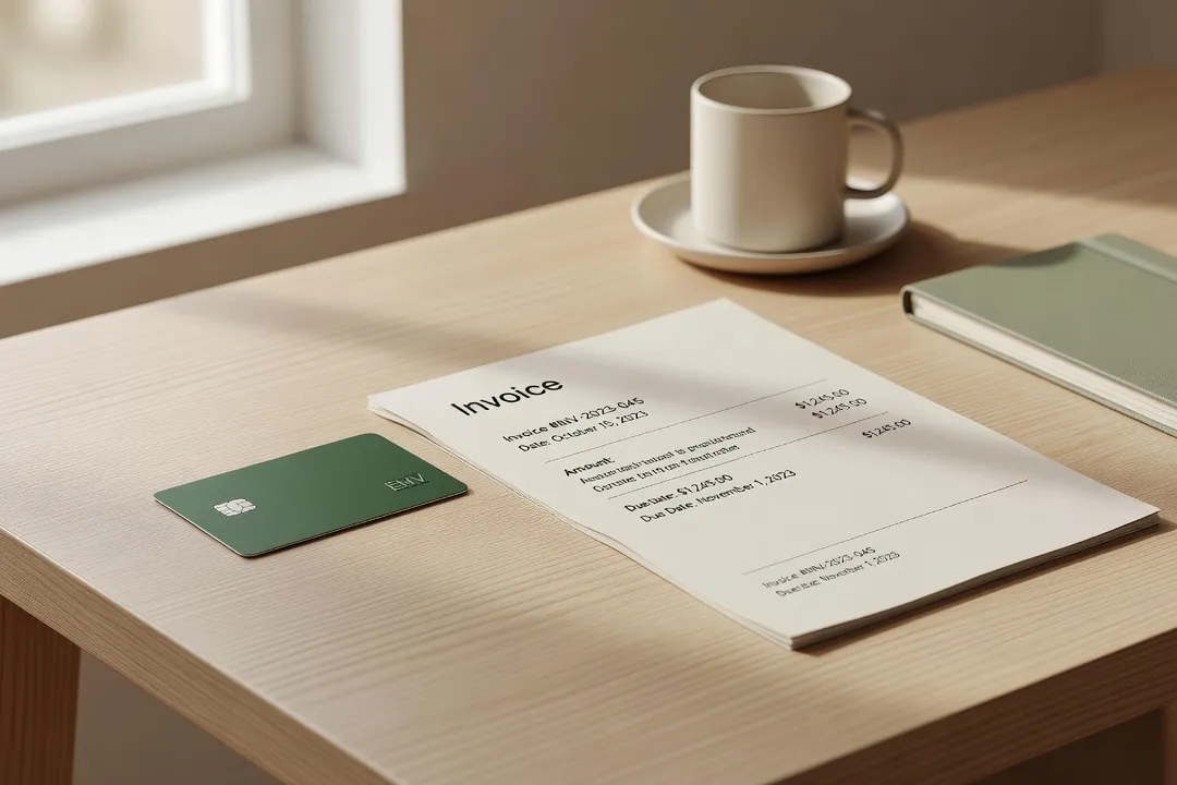 Carte bancaire professionnelle et facture posées sur un bureau de formateur indépendant