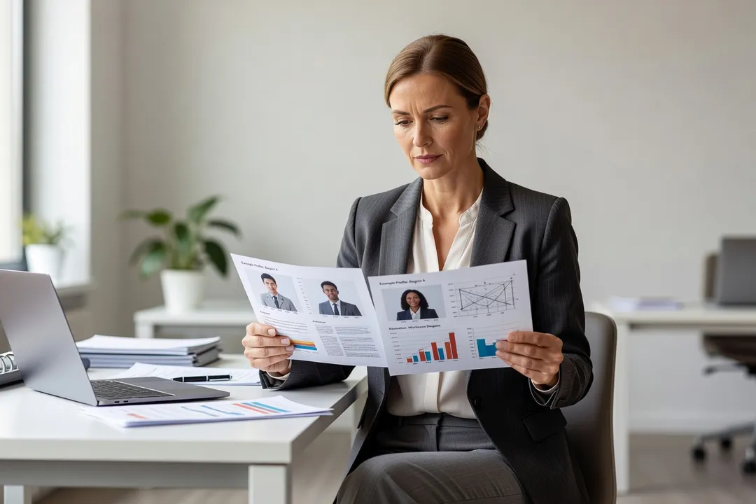 Formatrice examinant des supports de formation imprimés pour vérifier la diversité des exemples utilisés