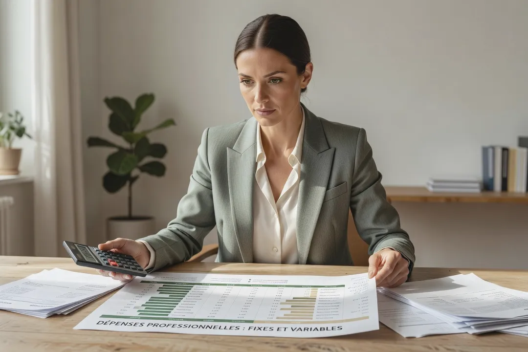 Formatrice répartissant ses charges fixes et variables sur un tableau, calculette et documents
