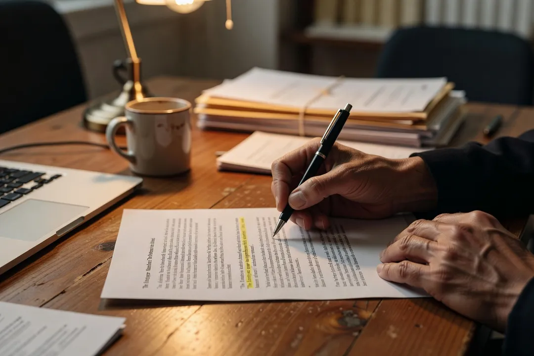 Signature d'un contrat de travail avec une clause d'exclusivité surlignée au stylo, en soirée