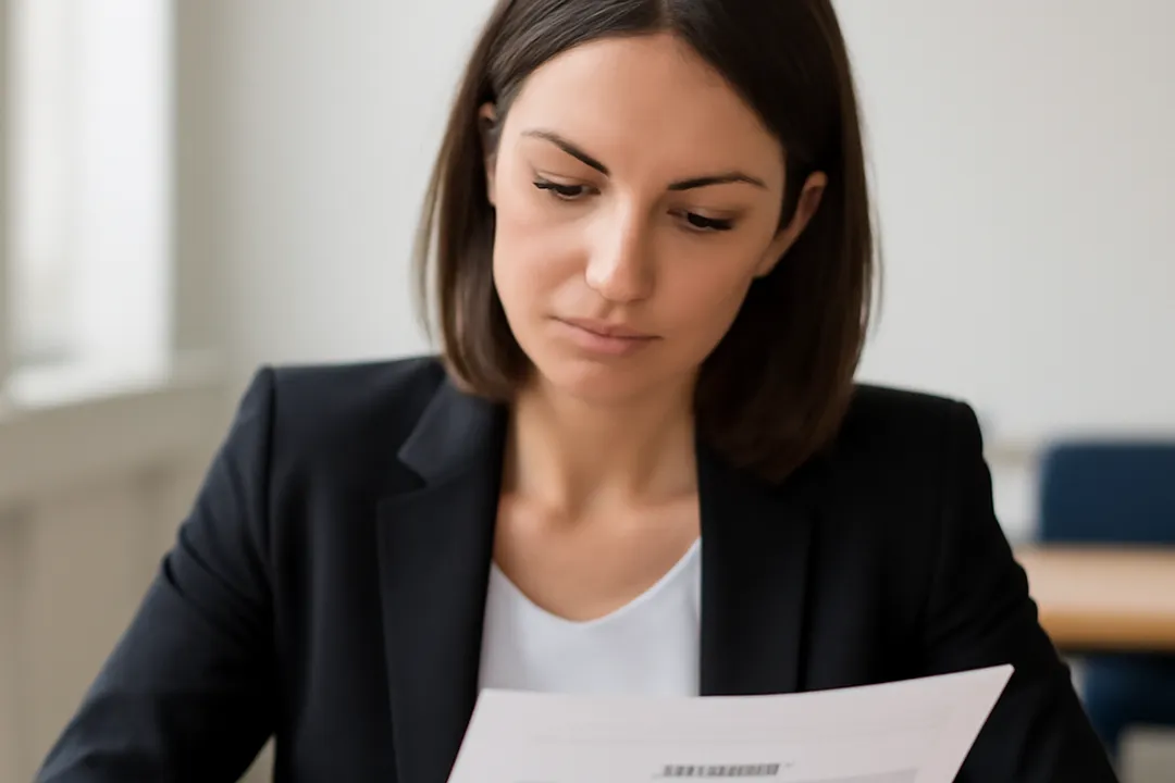 Formatrice relisant attentivement les clauses d'un contrat de prestation de formation avant signature