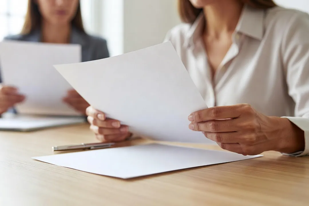 Formatrice indépendante relisant attentivement les garanties d'un contrat de prévoyance Madelin avant de le signer
