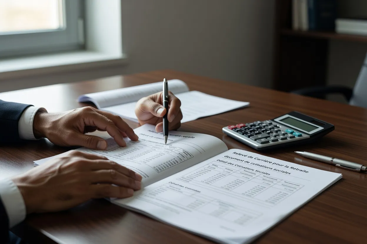 Formateur indépendant consultant son relevé de carrière et le détail de ses cotisations retraite, calculatrice à proximité