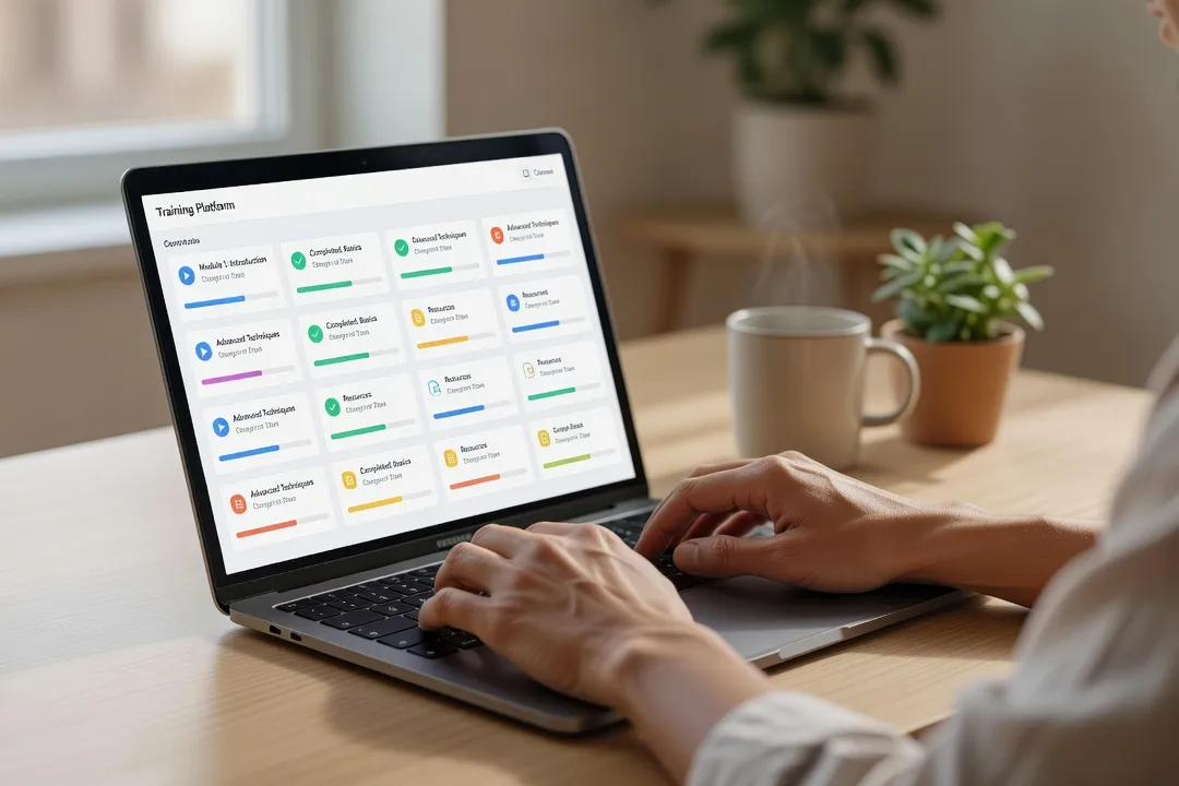 Mains tapant sur un ordinateur portable affichant une plateforme de gestion de formations en ligne