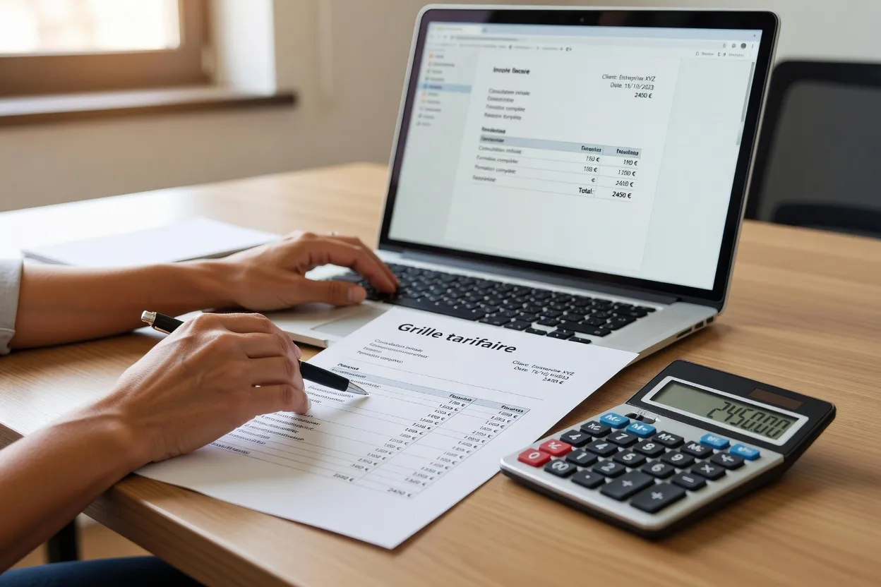Formatrice indépendante établissant un devis et une facture sur ordinateur portable avec calculatrice et grille tarifaire