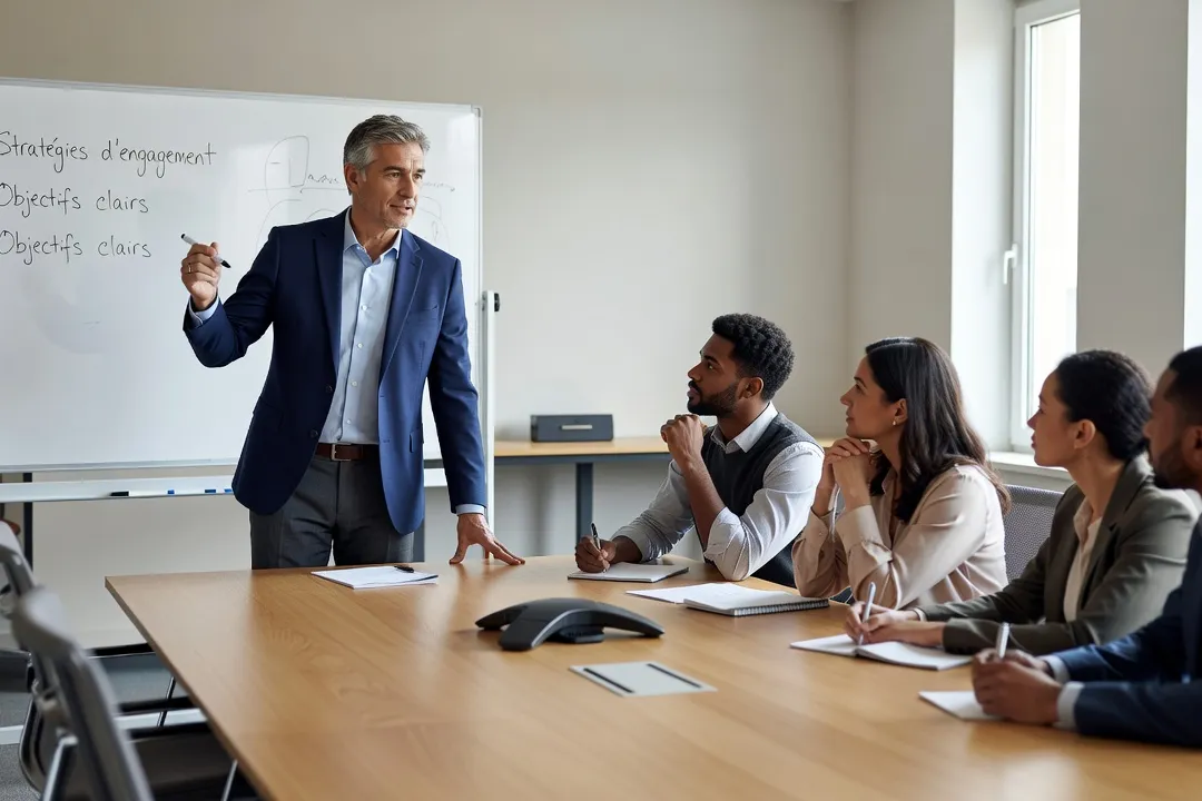 Formateur indépendant expérimenté animant une session de formation devant un groupe de participants