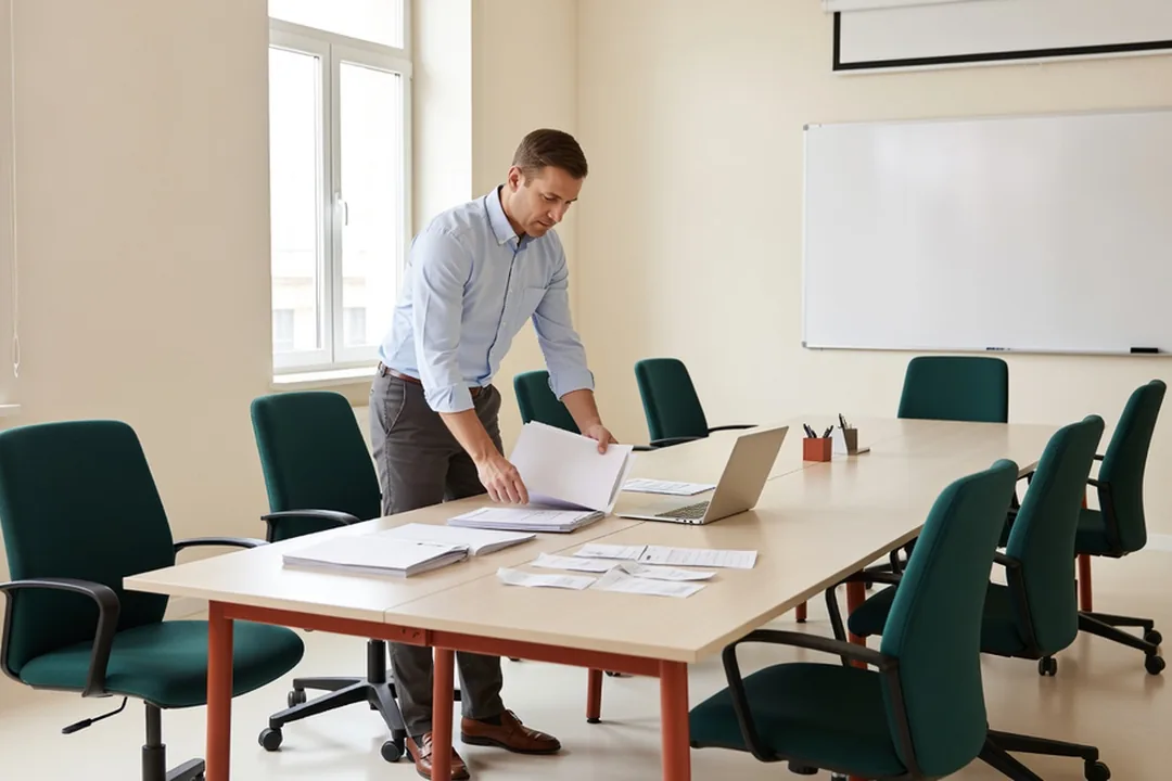 Salle de formation équipée d'un tableau blanc, d'ordinateurs et de documents pédagogiques