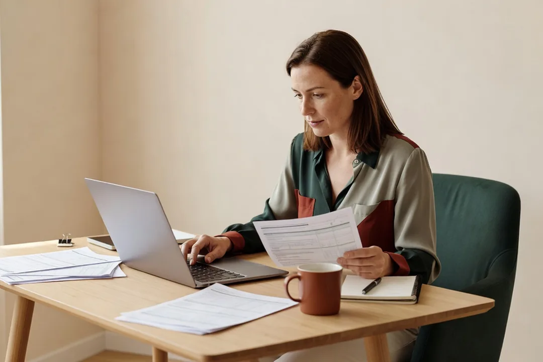 Formateur indépendant préparant sa déclaration de revenus avec des documents sur son bureau