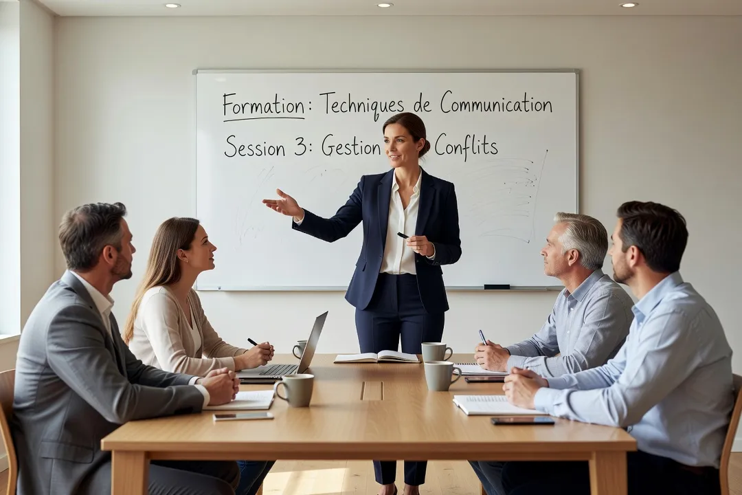 Formatrice animant une session de formation devant un groupe d'adultes en salle de classe