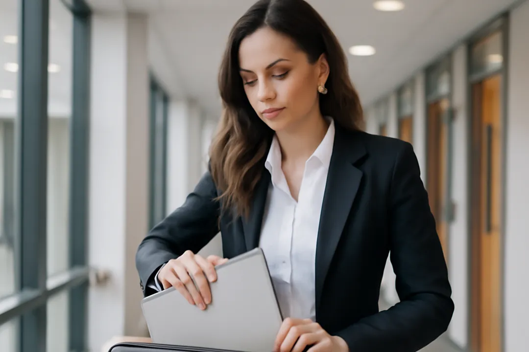 Formatrice quittant son bureau principal pour se rendre à une session de formation ponctuelle