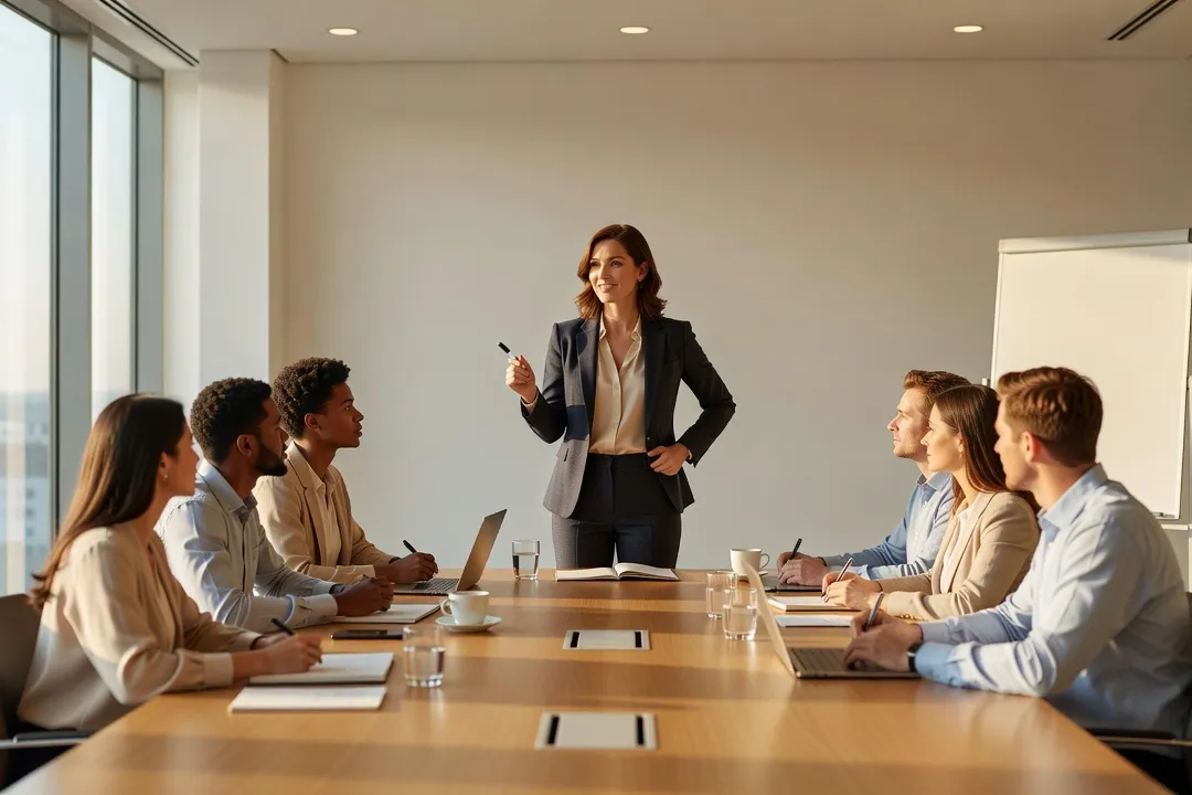 Formatrice animant une session de formation avec des professionnels adultes prenant des notes