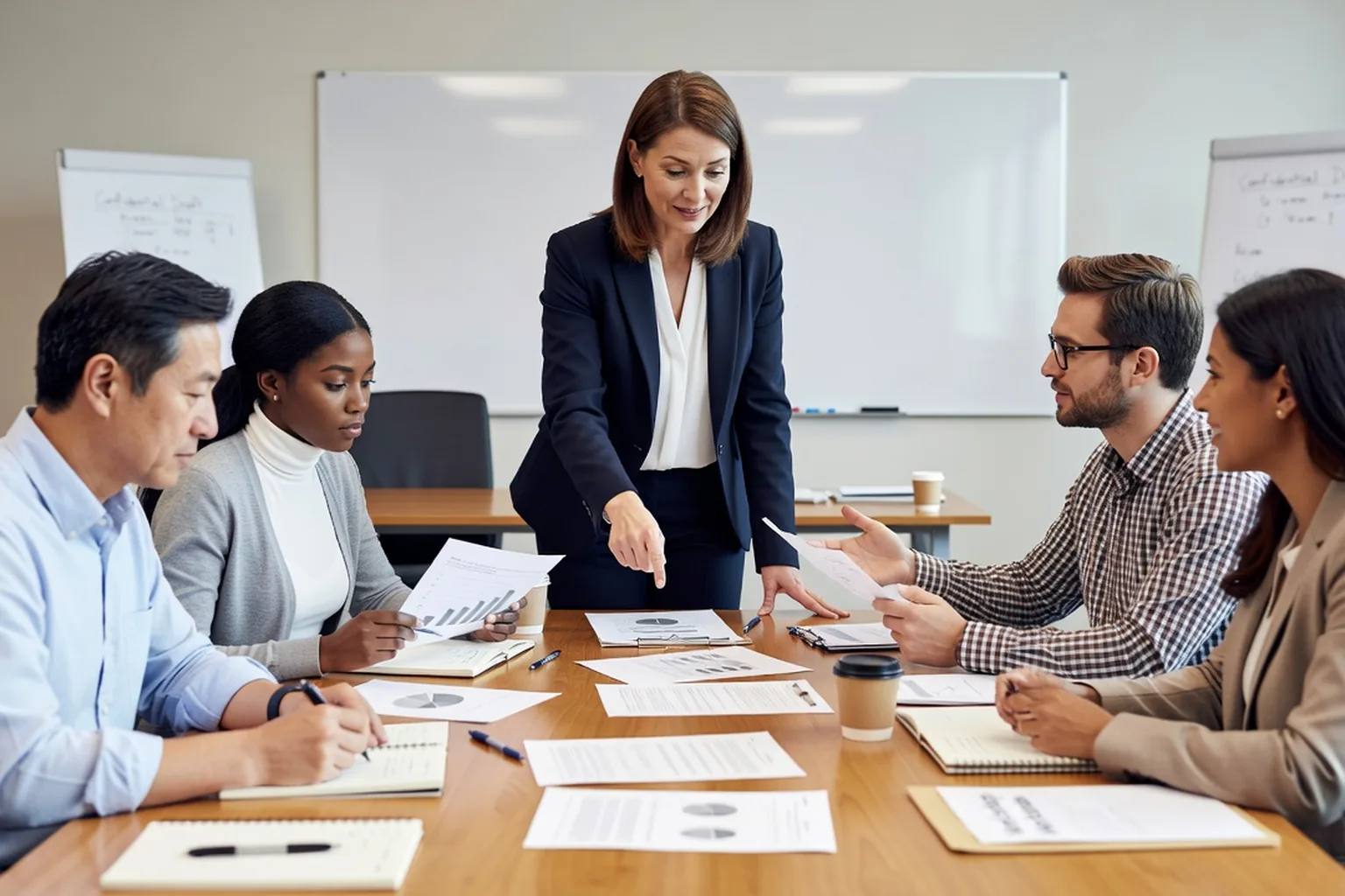 Formatrice sous-traitante animant un atelier pratique devant un petit groupe en entreprise