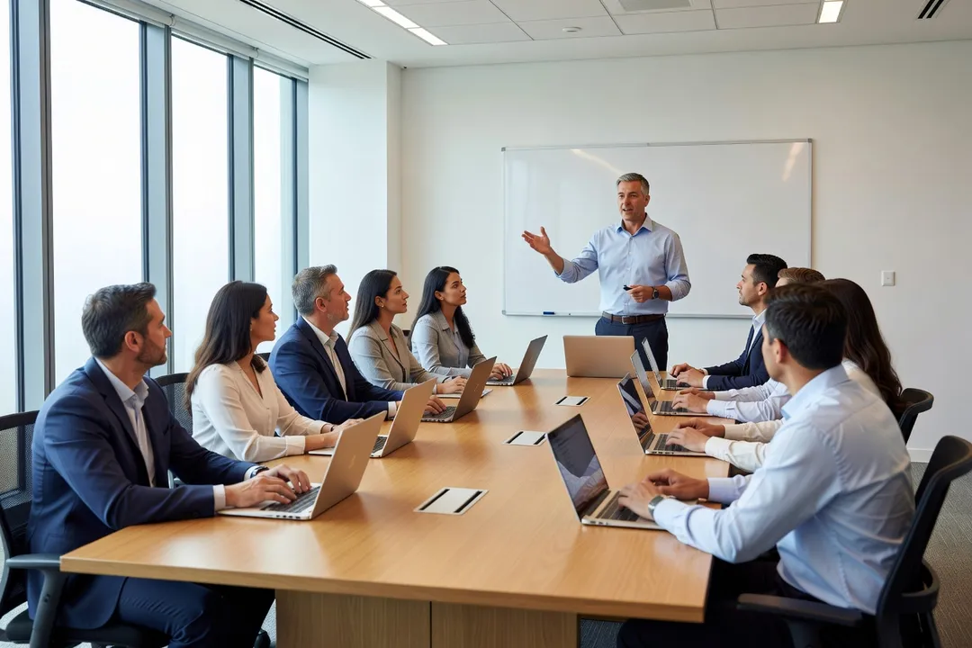 Formateur animant un atelier avec des professionnels adultes autour d'une table équipée d'ordinateurs portables