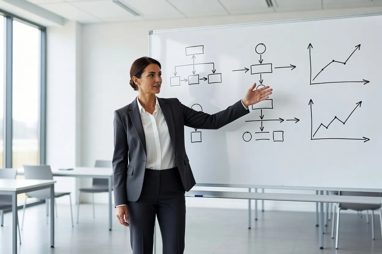 Formatrice présentant un schéma de compétences pédagogiques devant un tableau blanc en salle de formation