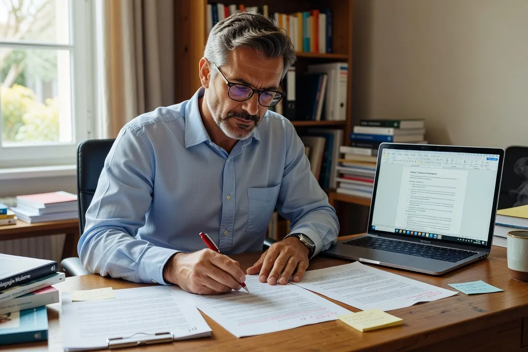 Formateur relisant et annotant au stylo rouge un support de cours généré par IA, en vérification croisée