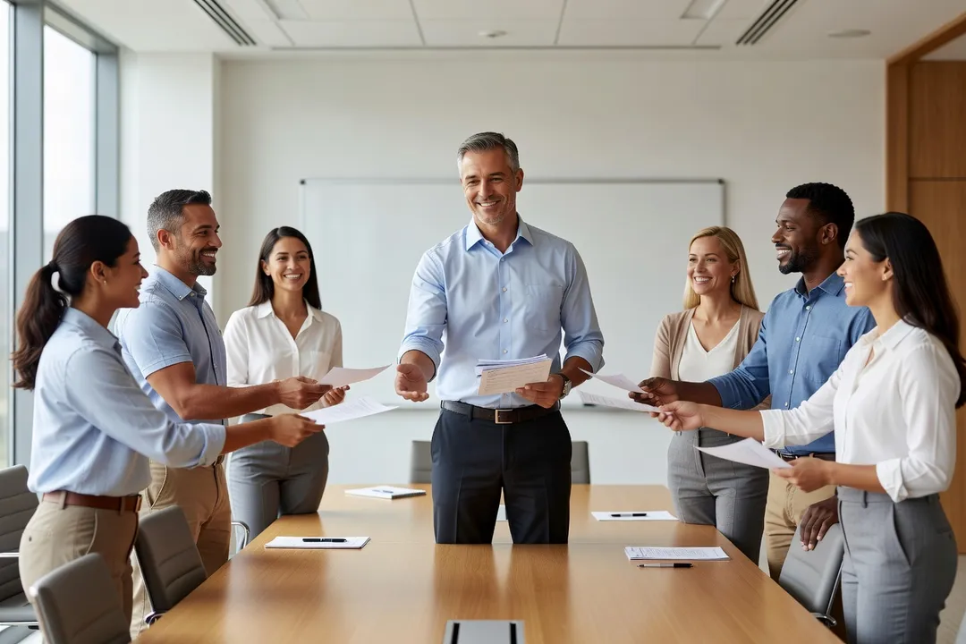 Formateur recueillant des formulaires de retour écrits auprès de participants adultes après une session de formation