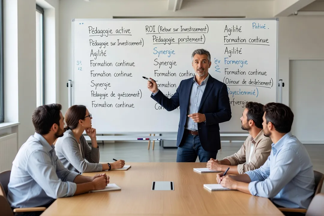 Formateur expliquant des termes techniques à un groupe d'apprenants adultes devant un tableau blanc
