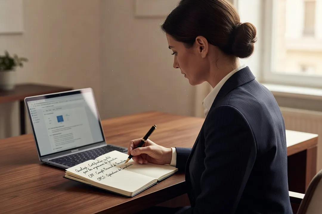 Formatrice indépendante prenant des notes de définitions et de sigles administratifs dans un carnet