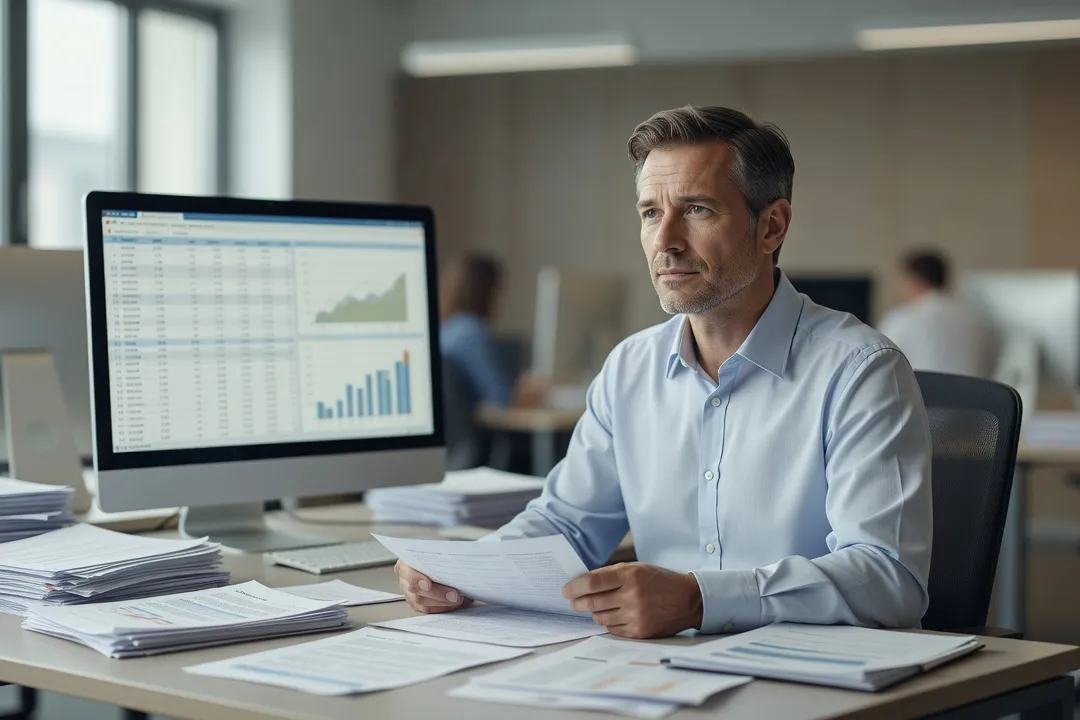 Employé de bureau pensif face à des documents et un tableur, illustrant les métiers exposés à l'automatisation