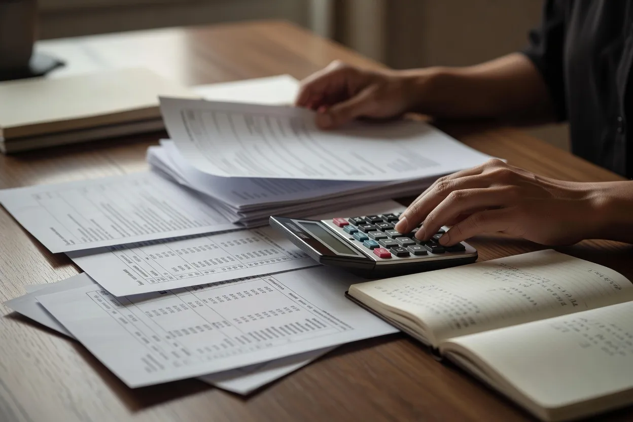 Calcul des cotisations sociales à la main, calculatrice et factures posées sur un bureau