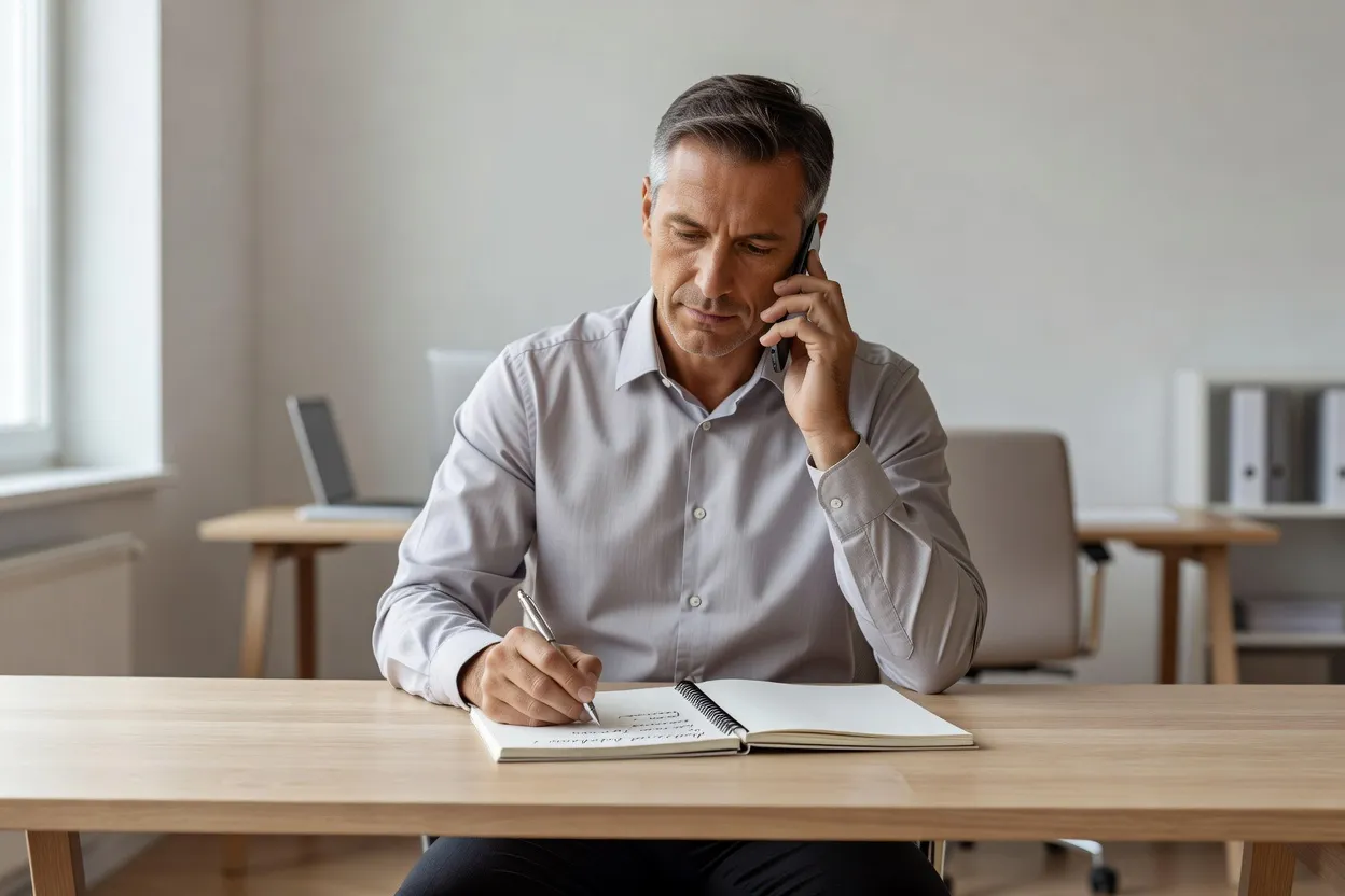 Formateur indépendant au téléphone notant des informations en contactant un organisme de formation