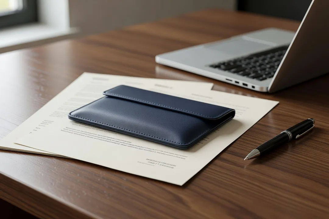 Dossier de documents administratifs et pochette de certification posés sur un bureau, référence à la déclaration d'activité d'organisme de formation