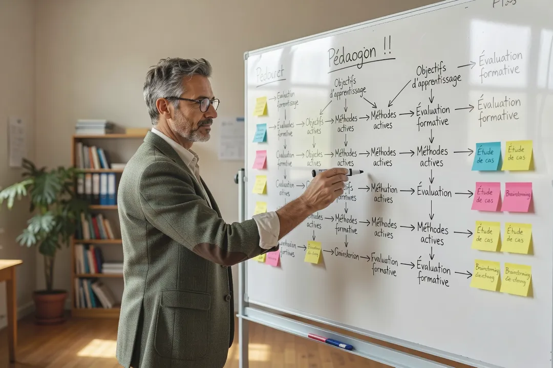 Formateur schématisant un plan pédagogique de formation en ligne sur un tableau blanc