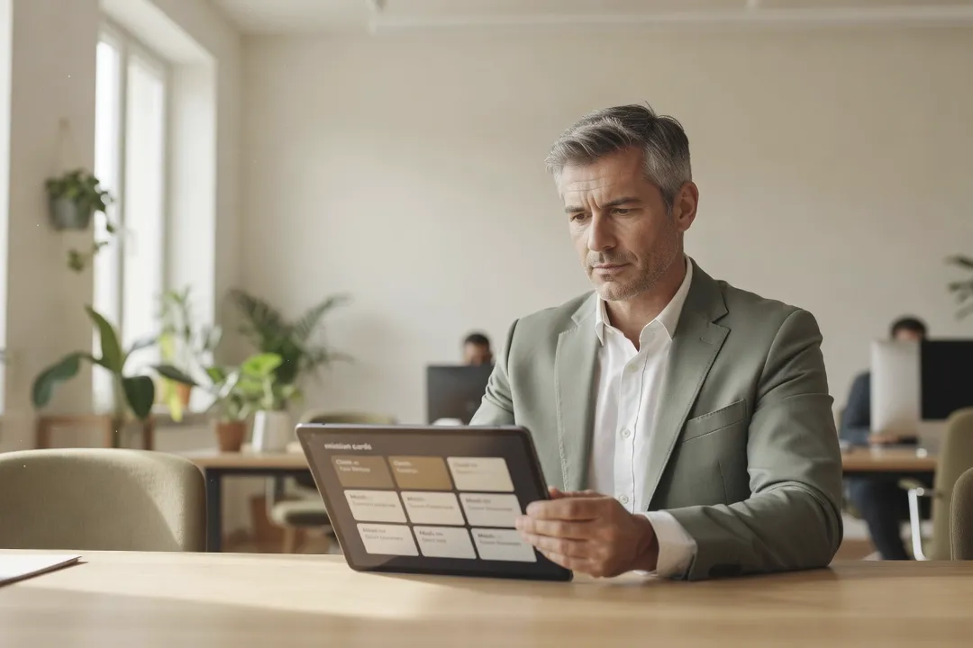 Formateur consultant une plateforme de mise en relation sur tablette, avec des fiches de mission affichées