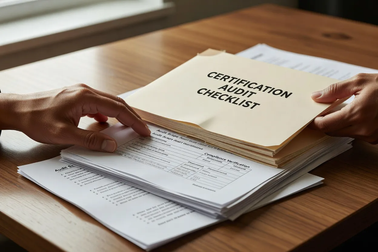 Documents et dossier d'audit de certification Qualiopi organisés sur un bureau