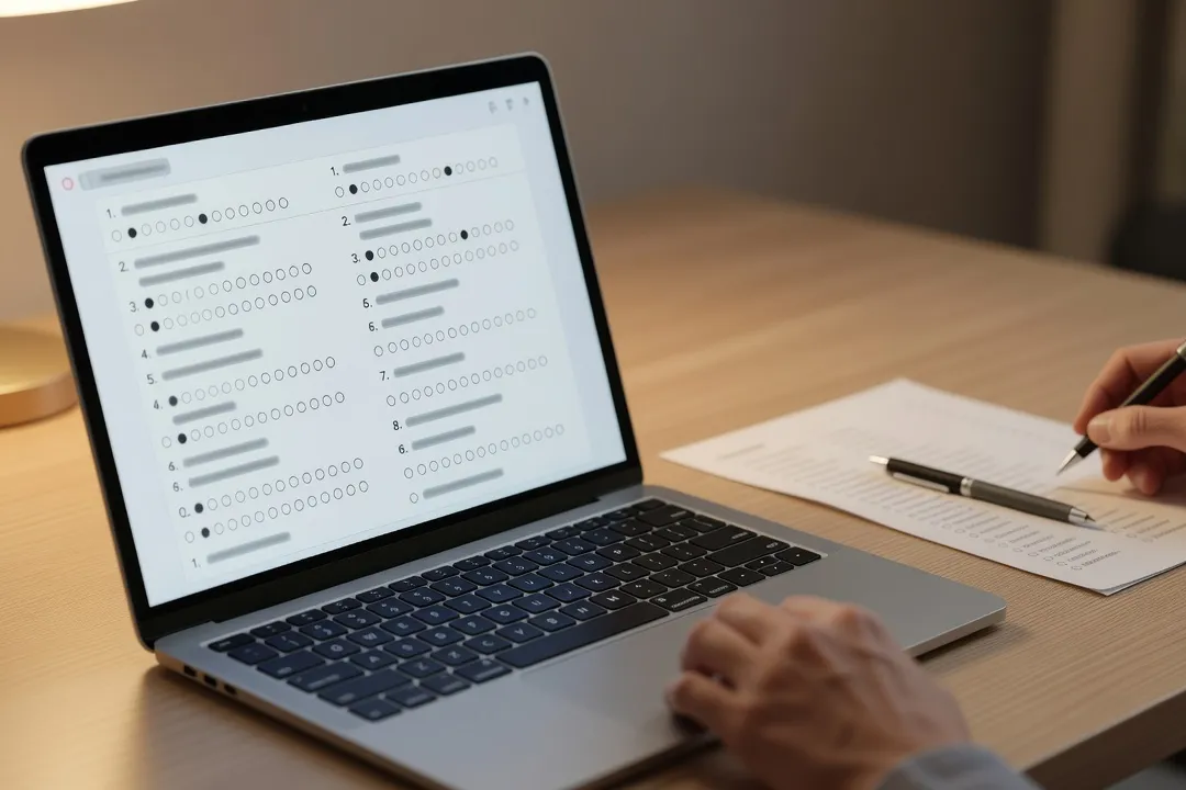 Questionnaire d'évaluation en cours de relecture sur ordinateur portable, avec grille de réponses papier annotée à la main