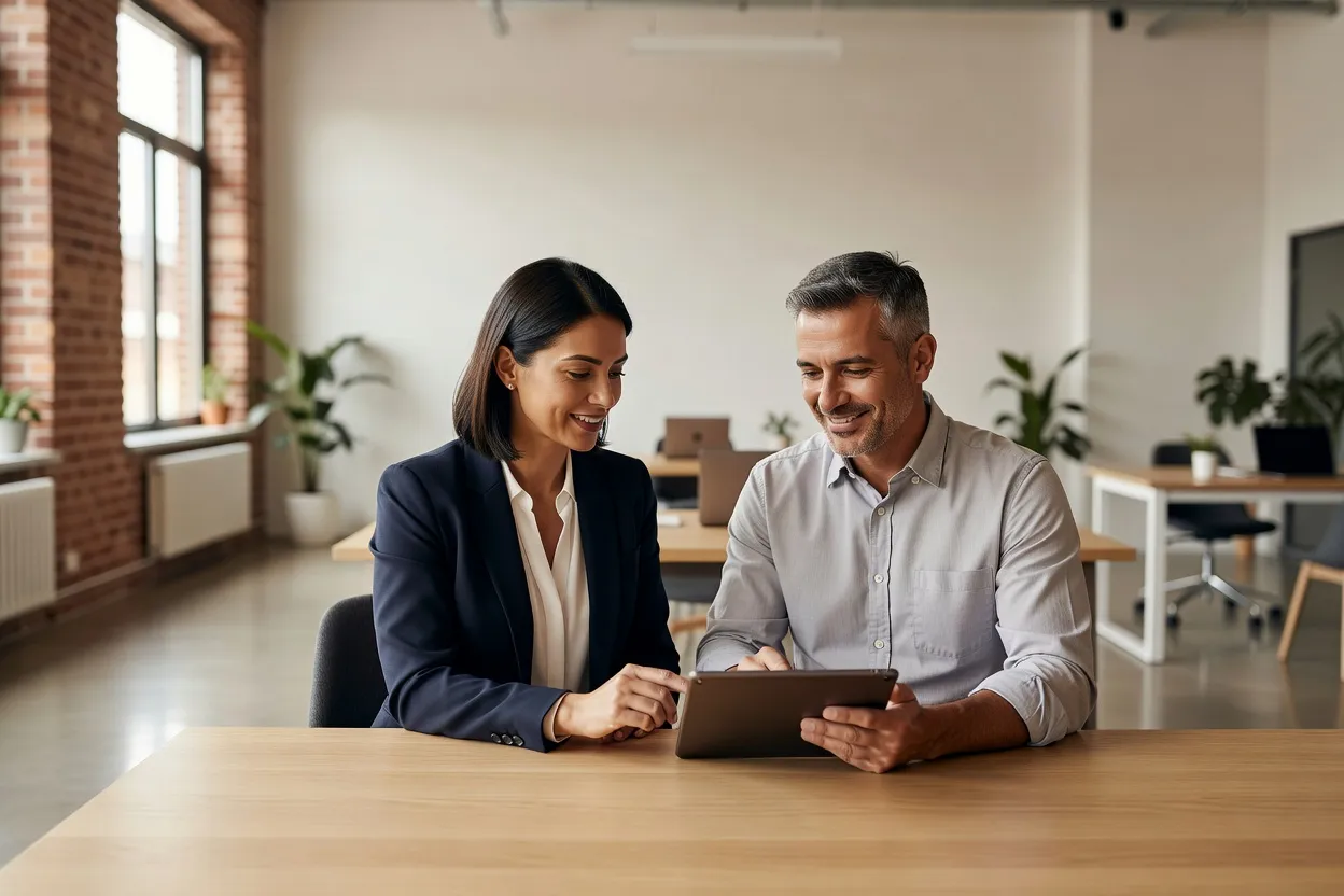 Deux professionnels en reconversion échangeant sur un projet de formation autour d'une tablette dans un espace de coworking