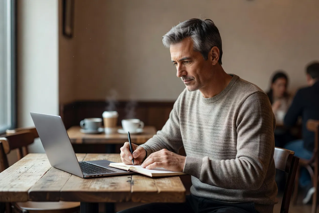 Homme en reconversion professionnelle prenant des notes sur son projet de formation dans un espace de travail