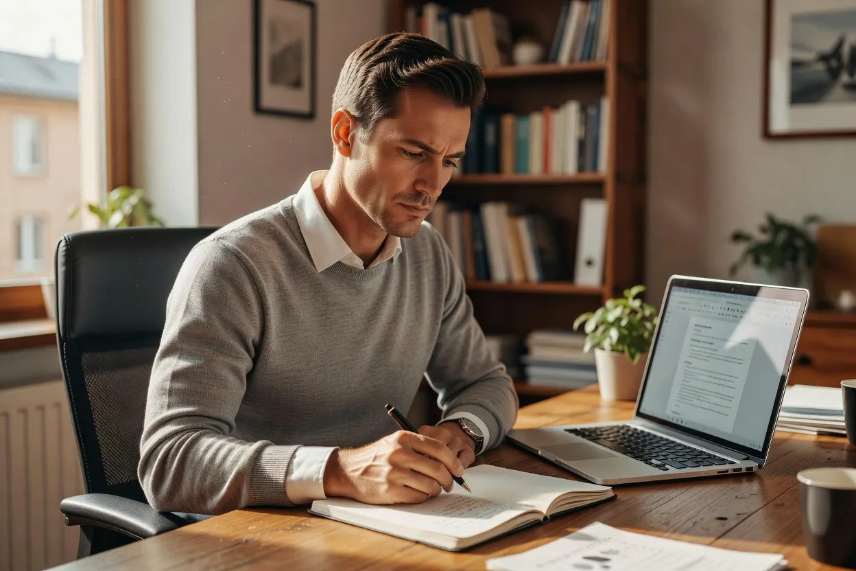 Adulte en réflexion prenant des notes à son bureau, envisageant une reconversion professionnelle vers le métier de formateur