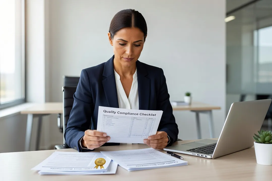 Formatrice consultant un référentiel de contrôle qualité et des documents de certification à son bureau