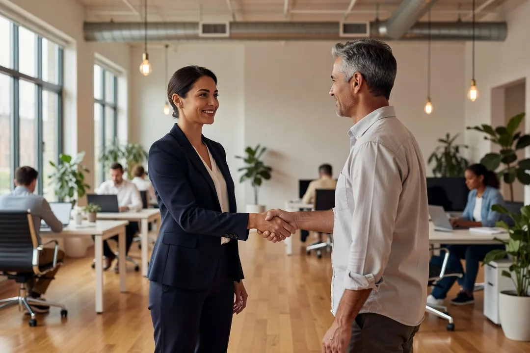 Formatrice indépendante serrant la main d'un client potentiel dans un espace de coworking lumineux