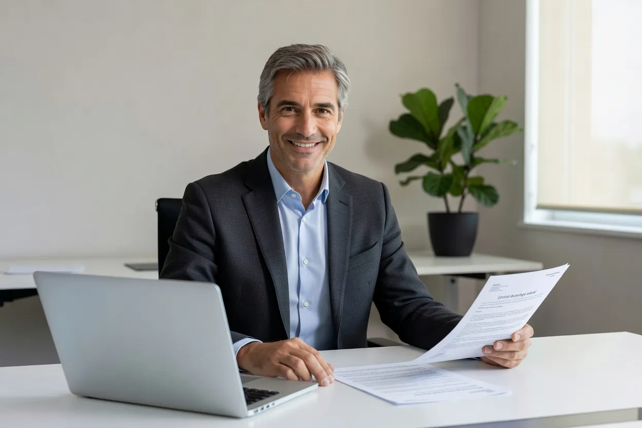 Formateur senior souriant consultant un contrat de portage salarial sur ordinateur portable dans son bureau