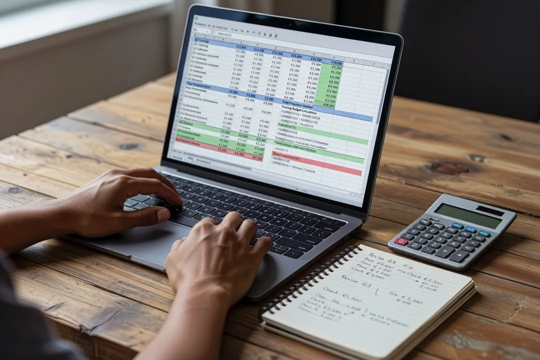 Simulation d'un budget de financement CPF sur un ordinateur portable avec calculatrice et carnet de notes