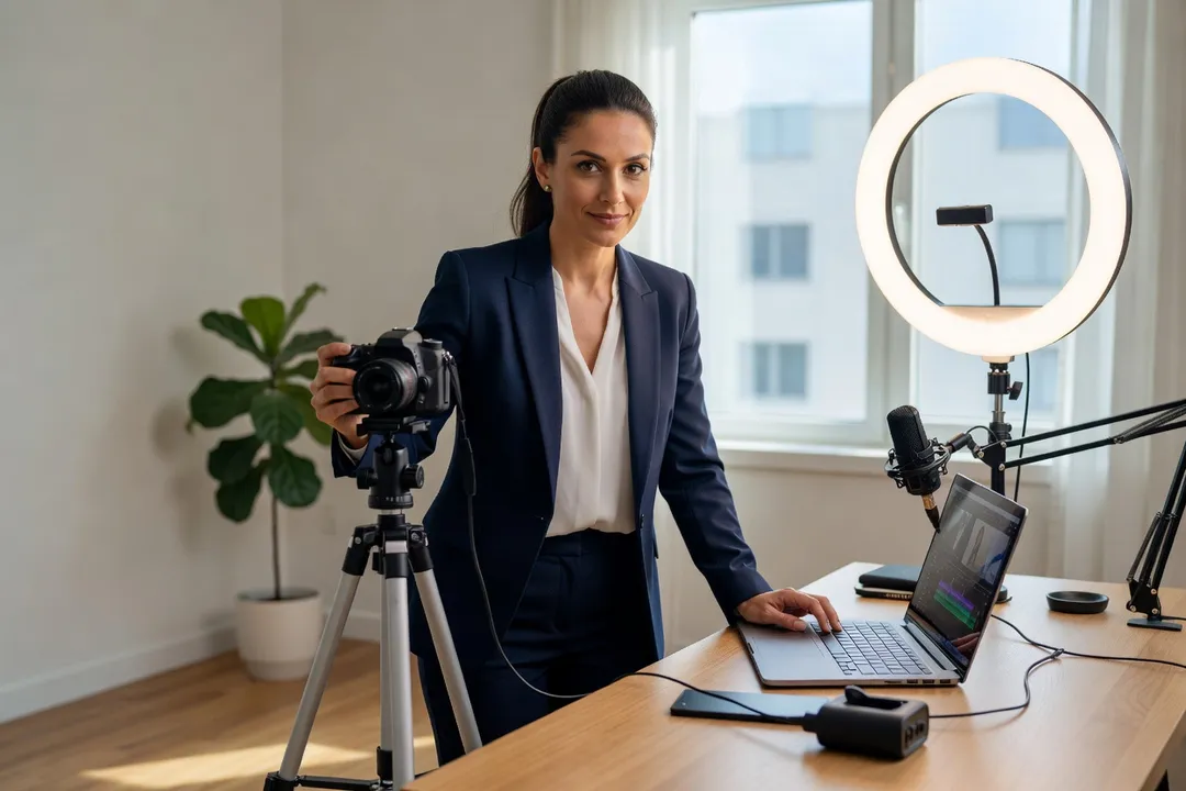 Formatrice installant un studio d'enregistrement avec caméra, ring light et ordinateur pour tourner sa formation en ligne