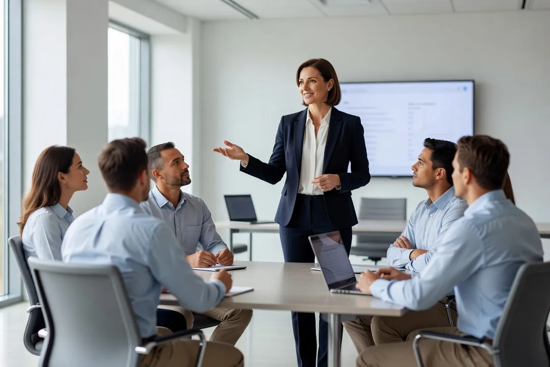 Formatrice échangeant avec un groupe d'apprenants adultes en salle de formation, ordinateur portable et écran de présentation en arrière-plan