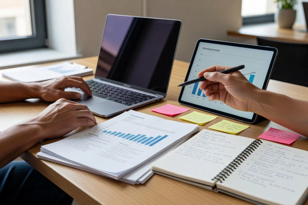 Formateur consultant plusieurs sources d'information sur ordinateur portable et tablette, notes de veille sur le bureau