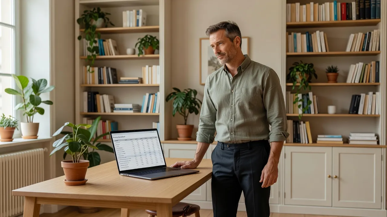 Formateur indépendant consultant une grille de tarifs sur son ordinateur portable