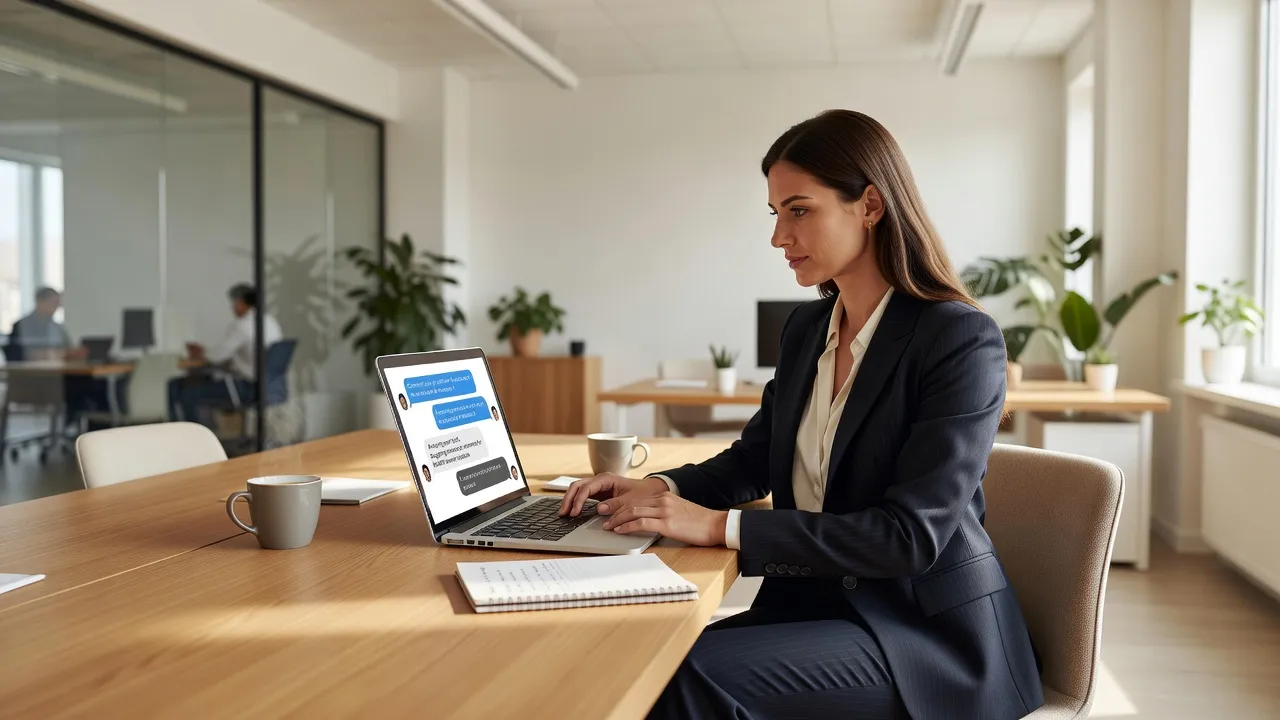 Formatrice préparant un cours sur son ordinateur portable avec une interface d'IA conversationnelle