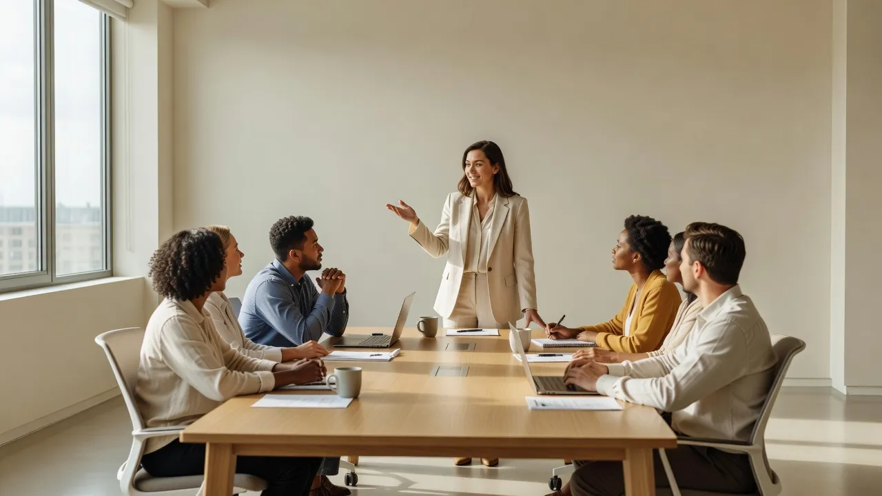 Formatrice animant un atelier en petit groupe avec des apprenants adultes