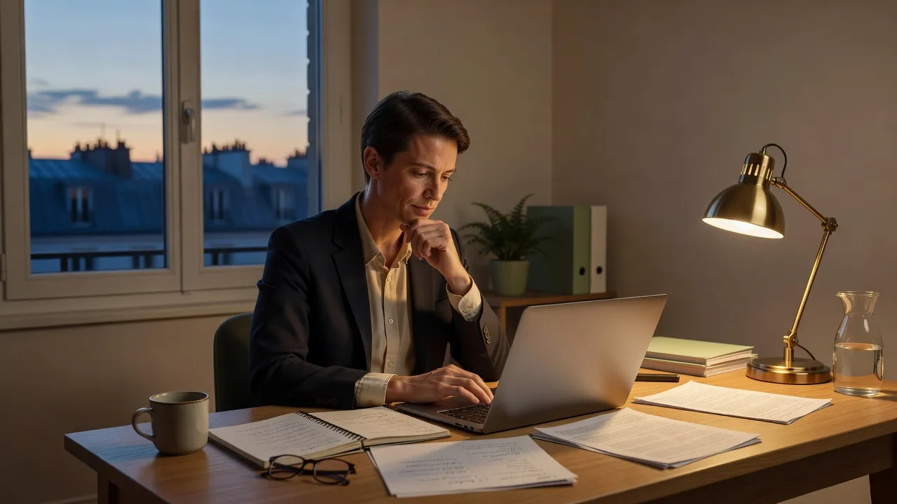 Formateur travaillant sur son activité indépendante en soirée après sa journée de salarié