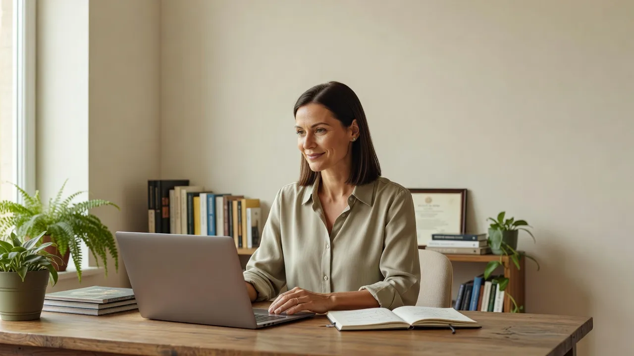 Femme en transition professionnelle préparant son projet de reconversion vers le métier de formateur, à son bureau